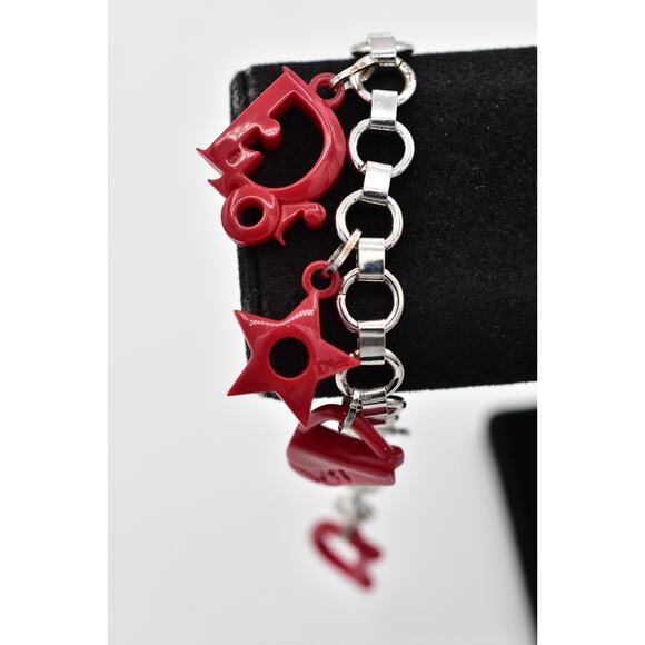 Christian Dior Vintage Charm Bracelet Red Resin Logo Silver Y2K 2000 Signed Bin7 - Picture 1 of 12